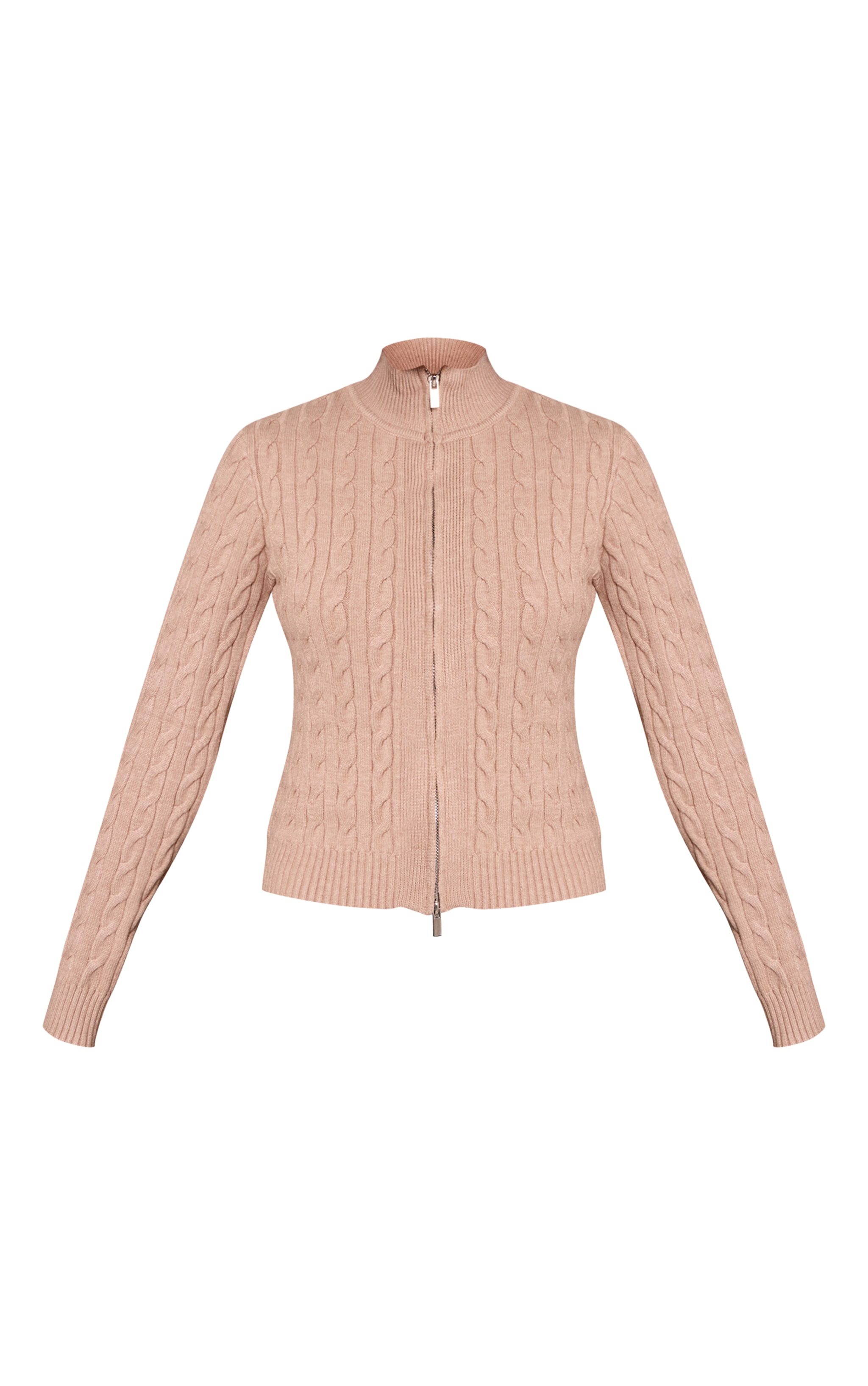 Oatmeal Cable Knit Long Sleeve Zip Up Sweater image 5