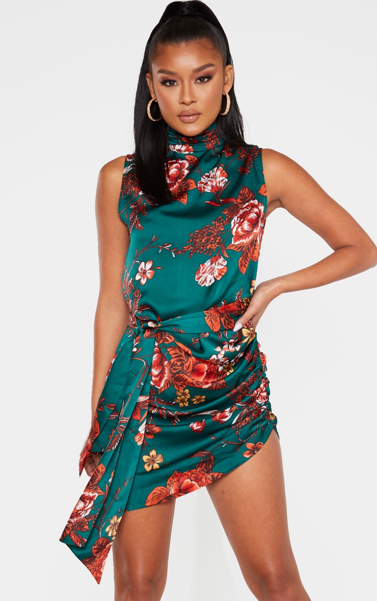 Emerald Green Floral Satin High Neck Side Knot Bodycon Dress