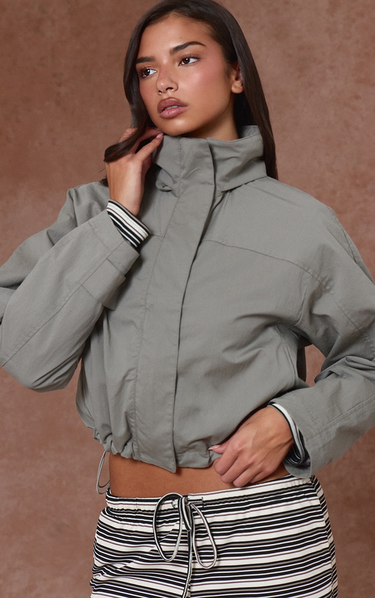 Olive Funnel Neck Removable Hood Windbreaker