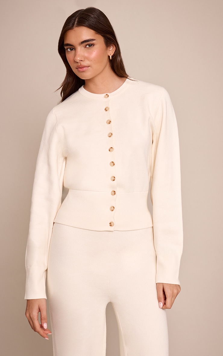 Cream Compact Knit Placket Detail Cardigan  image 1