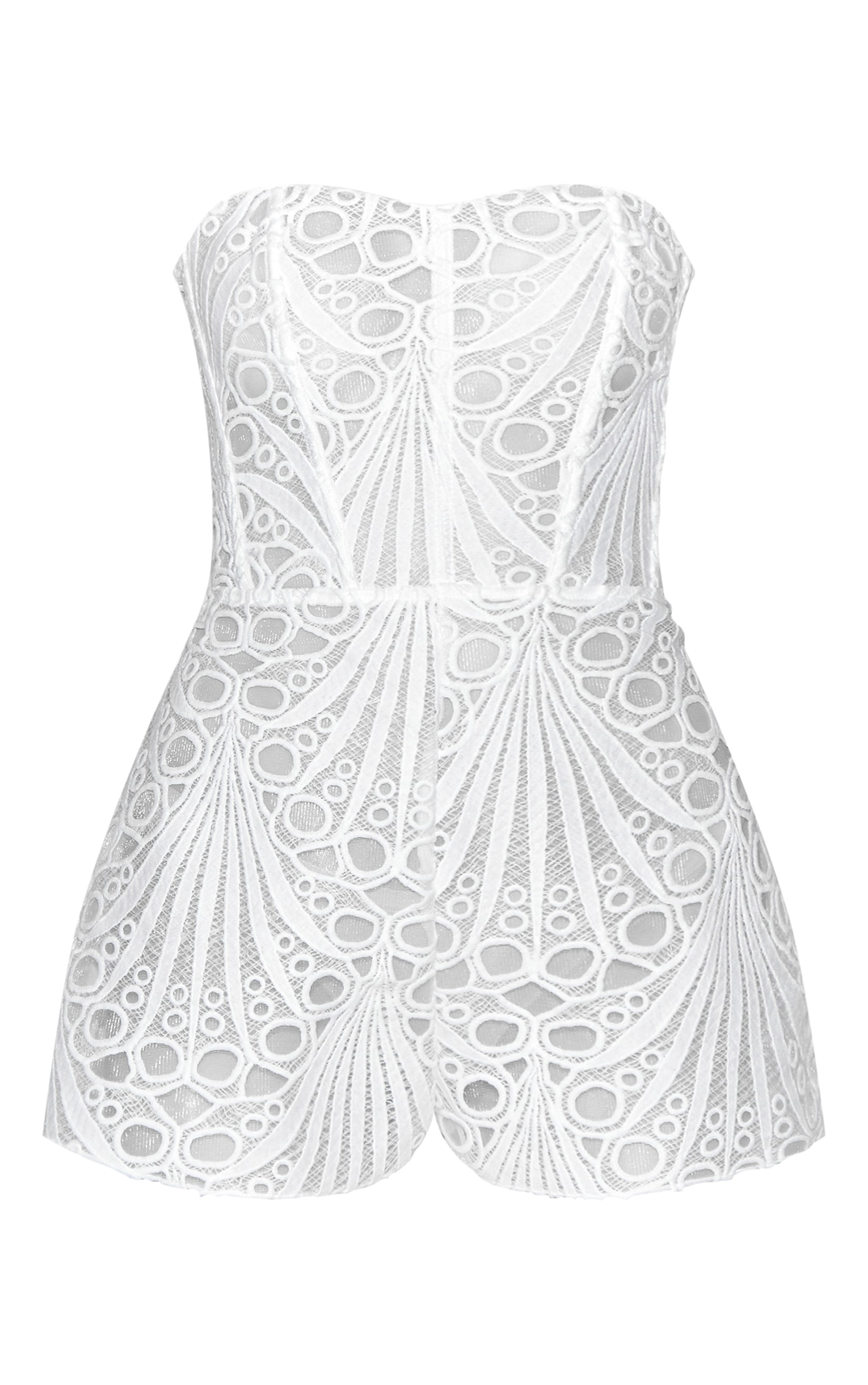 White Textured Sheer Floral Corset Romper image 5