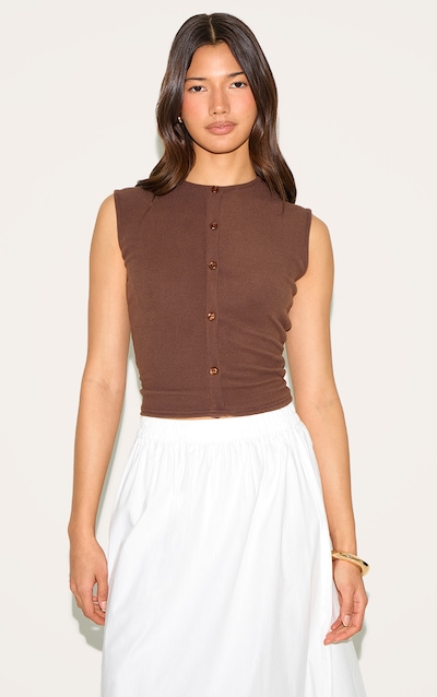 Chocolate Soft Touch Rib Button Down Sleeveless Long Top