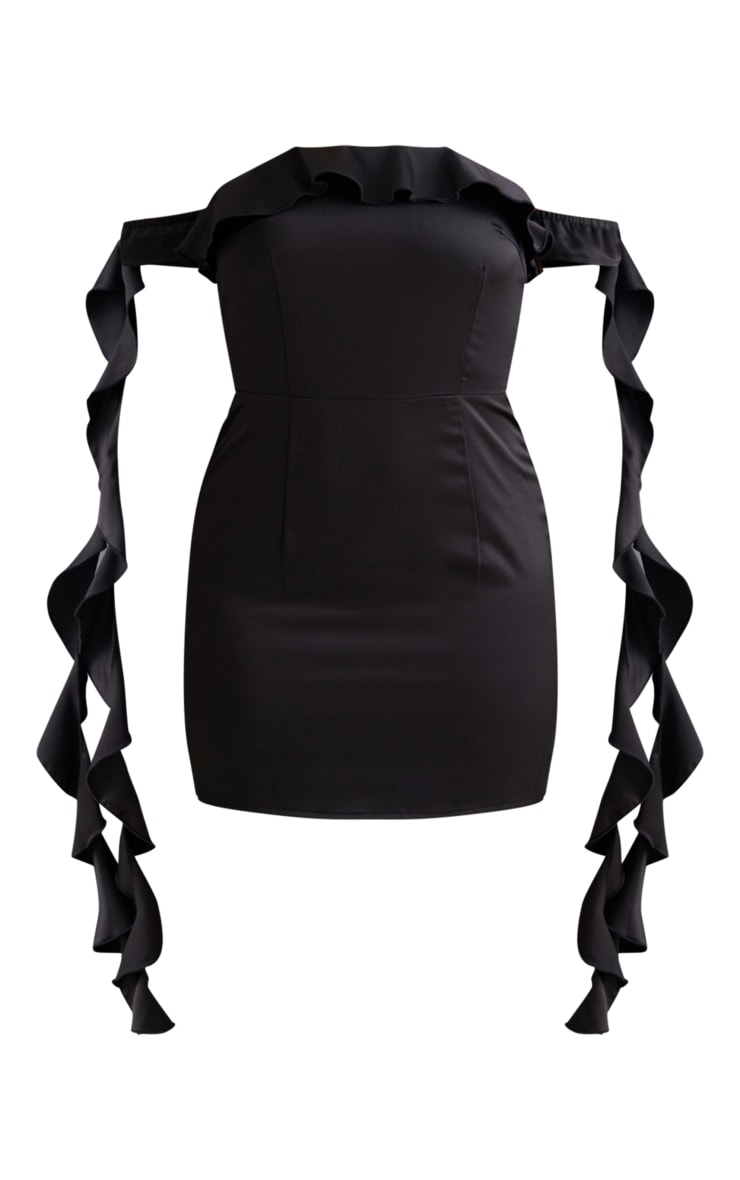 Black Satin Bardot Frill Drape Detail Bodycon Dress image 5