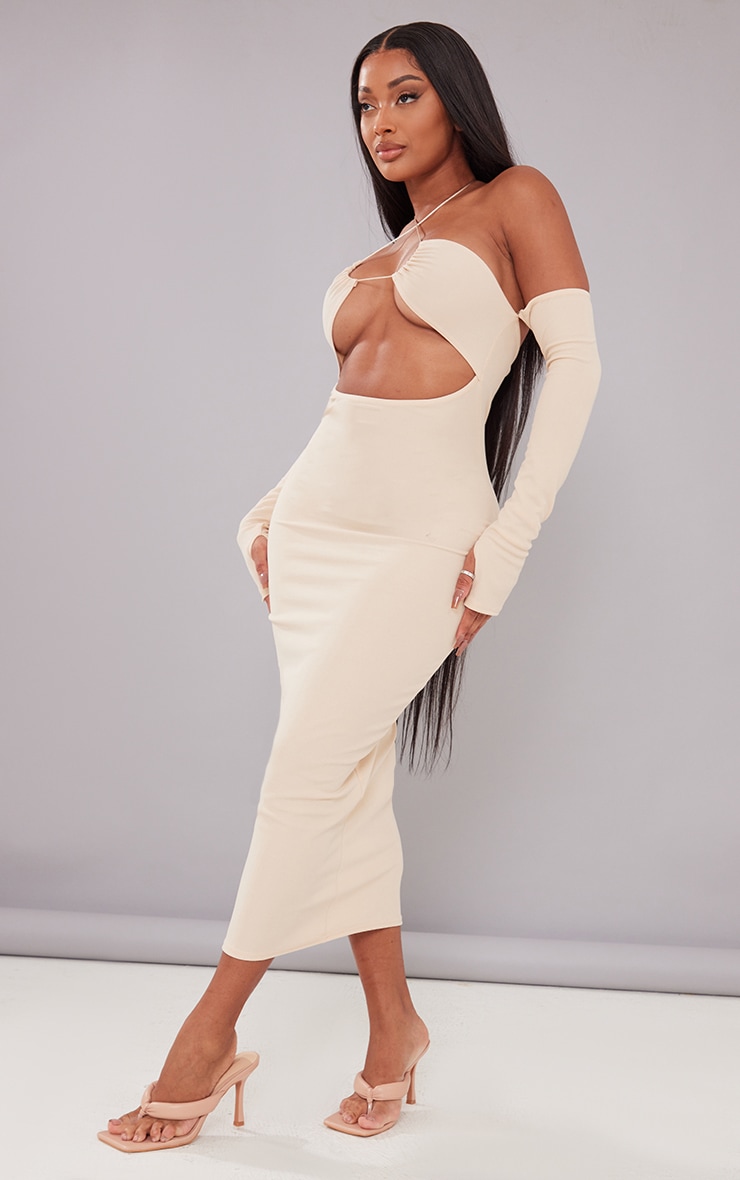 Shape Stone Soft Rib Tie Front Bardot Midaxi Dress image 3