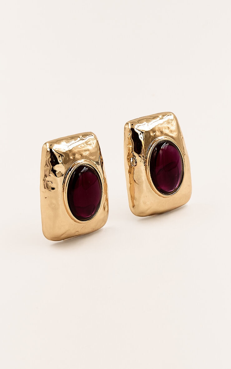 Burgundy Resin Gold Textured Statement Stud Earrings image 3