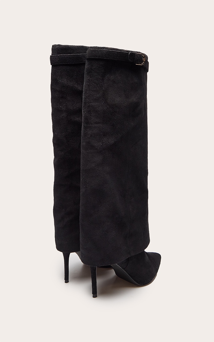 Black Faux Suede Fold Over Heeled Knee High Boot image 4