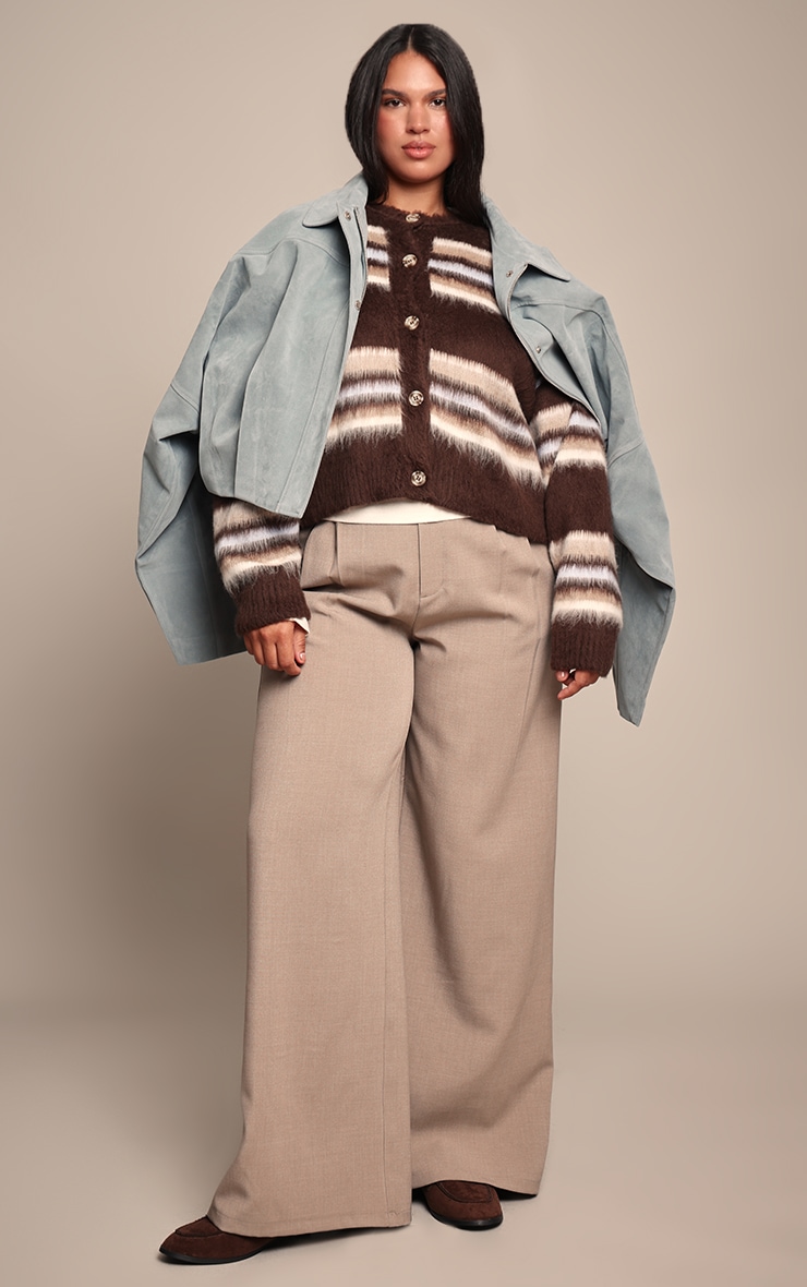 Plus Brown Striped Brushed Knit Cardigan image 3