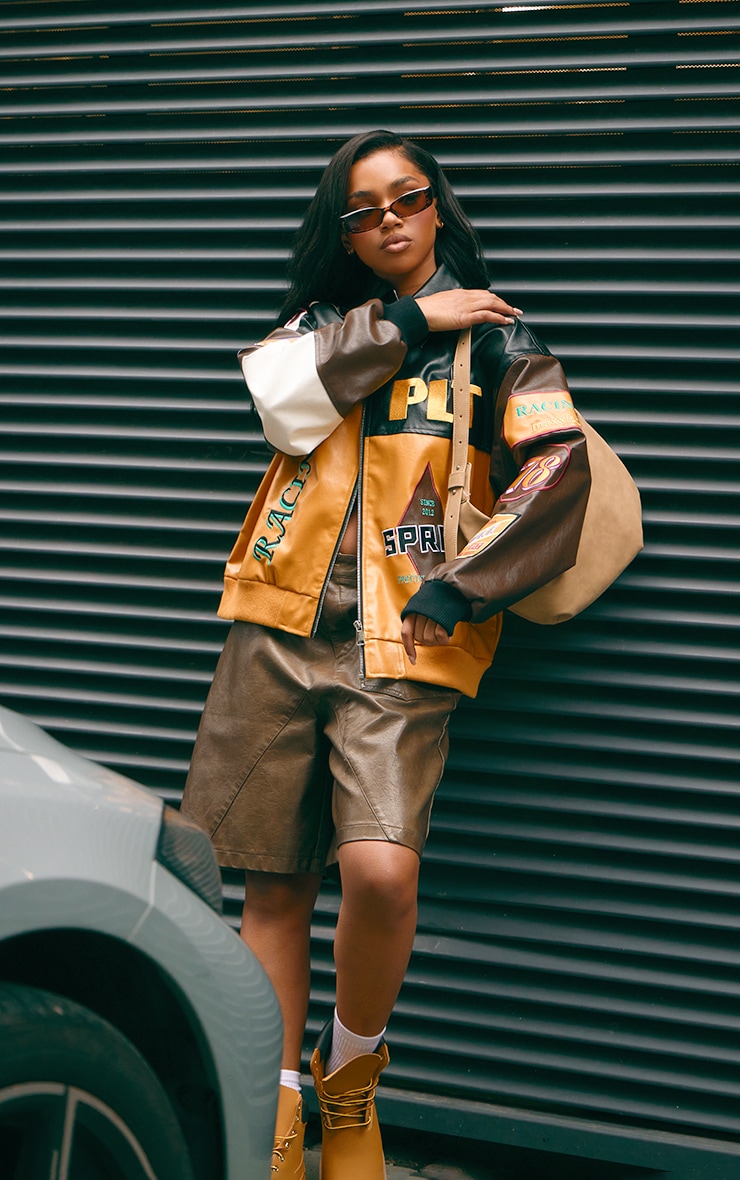 Mustard Faux Leather Graphics Oversized Racer Jacket image 4