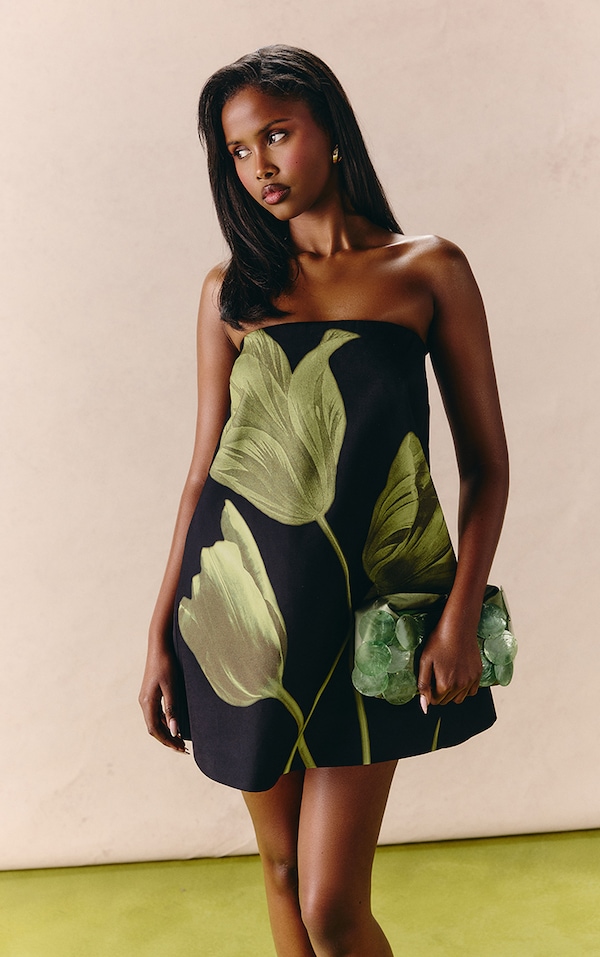 Black Floral Printed Woven A Line Mini Dress