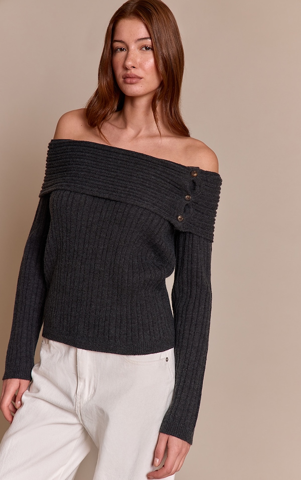 Dark Grey Button Detail Ribbed Knit Bardot Sweater