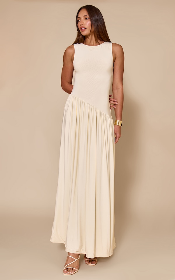  Tall Butter Cream Double Layer Soft Touch Asymmetric Dropped Waist Maxi Dress