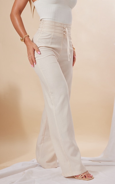 Stone Linen Feel Tie Front Straight Leg Pants