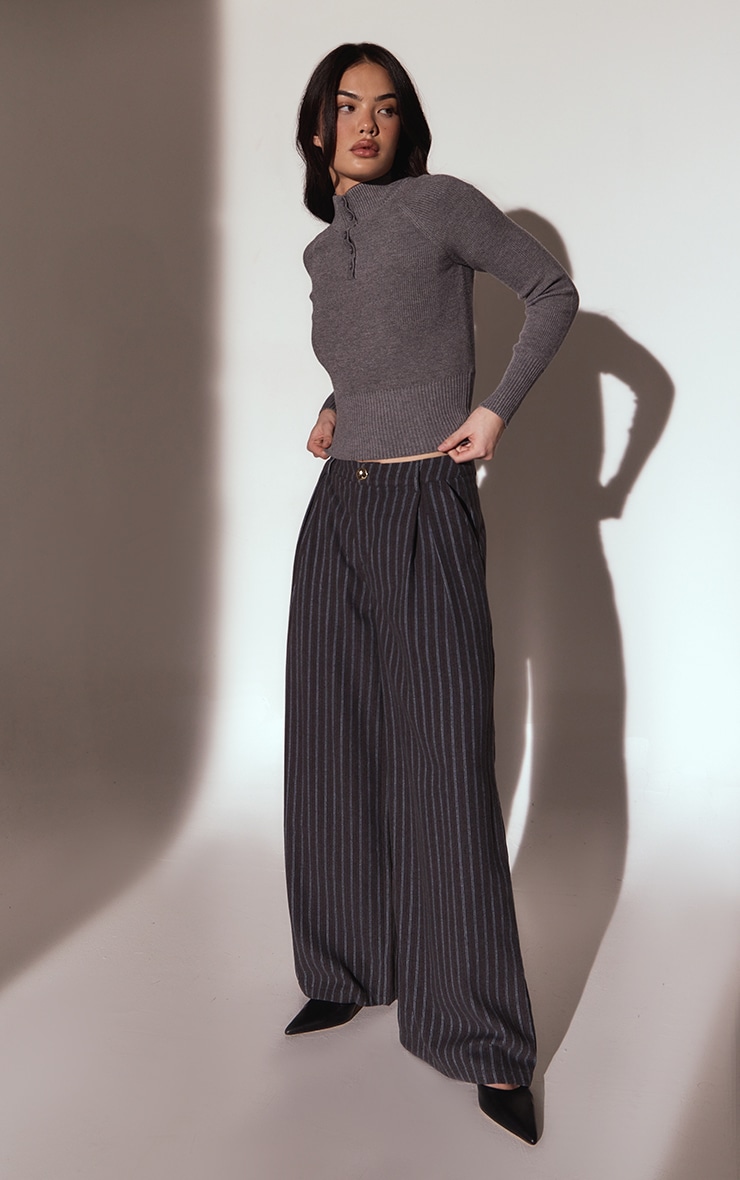 Grey Ribbed Knit Cinched Waist Polo image 3