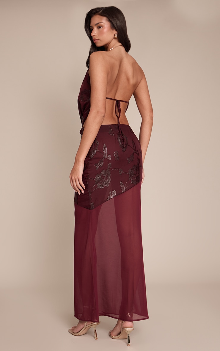 Wine Floral Glitter Chiffon Low Rise Maxi Skirt image 3