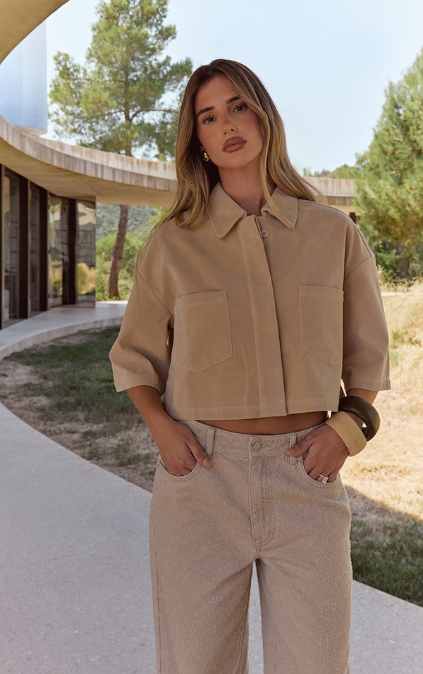 Sand Faux Suede Oversized Cropped Shirt