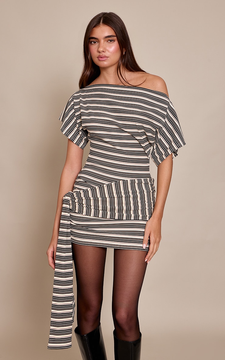 Black Contrast Striped Tie Waist Bodycon Dress image 1