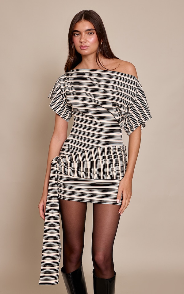 Black Contrast Striped Tie Waist Bodycon Dress