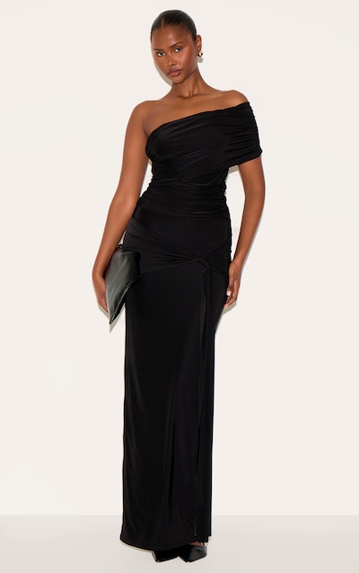 Black Double Layer Slinky Ruched Drape Maxi Skirt