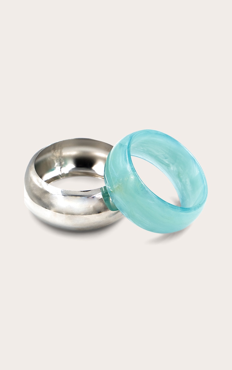 Silver and Turquoise Resin Chunky Smooth Curved Cuffs image 3