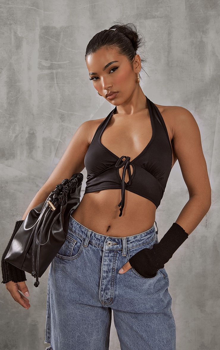 Black Slinky Cut Out Tie Halter Crop Top