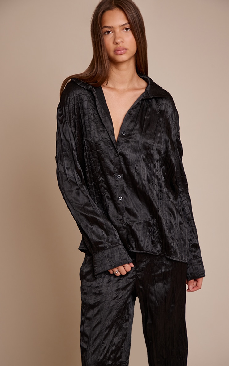 Black Textured Satin Oversized Shirt image 1