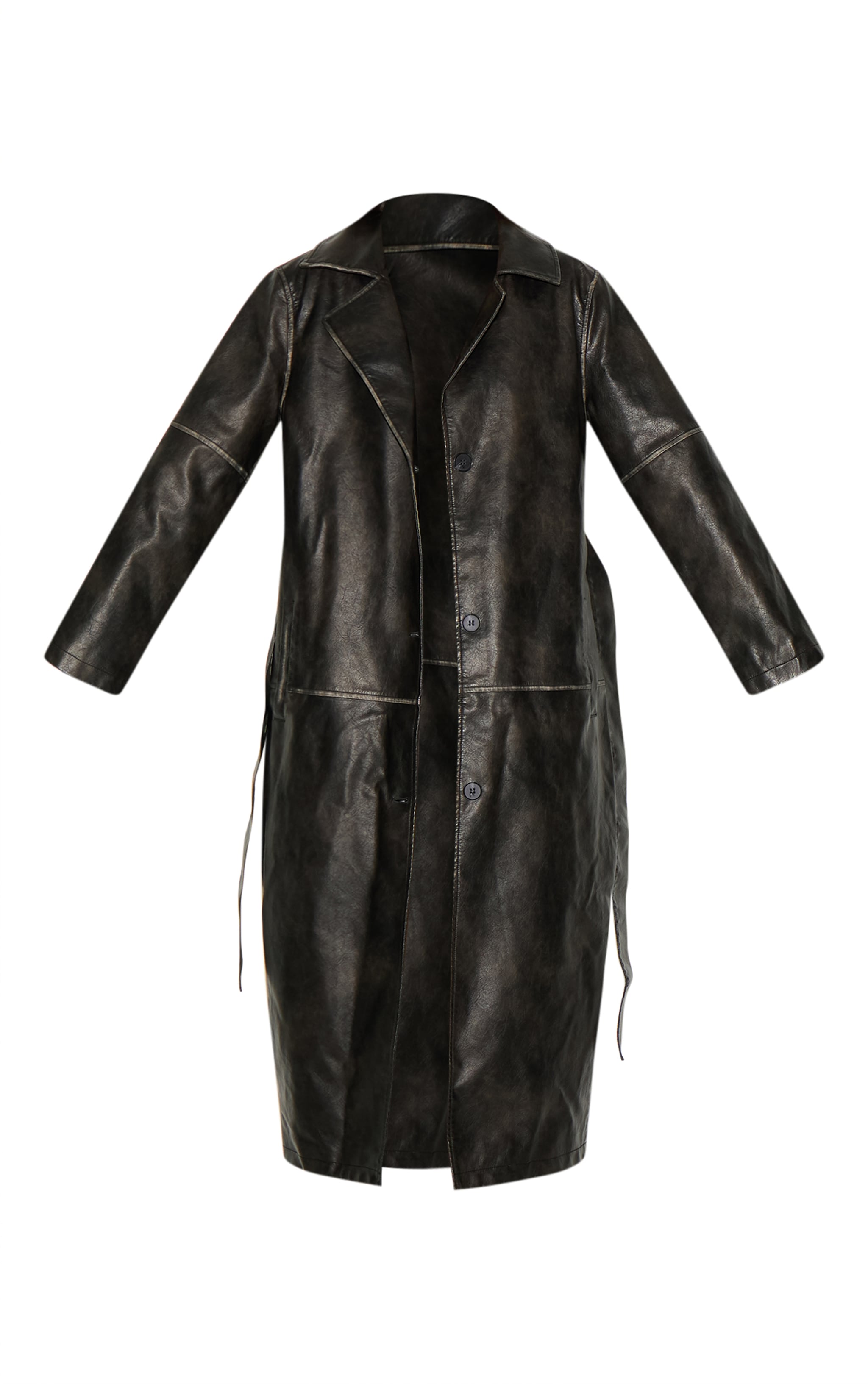 Black Distressed Faux Leather Seam Detail Trench Coat image 5