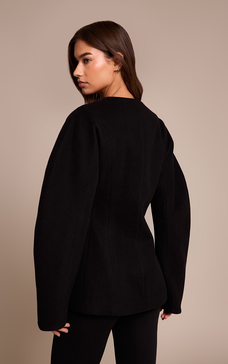 Black Wool Look Collarless Cocoon Sleeve Blazer image 2