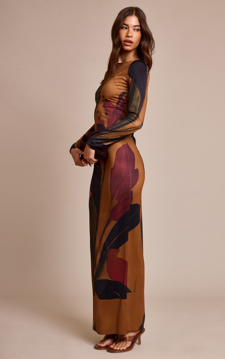 Dark Chocolate Floral Printed Slinky Long Sleeve Maxi Dress image 3