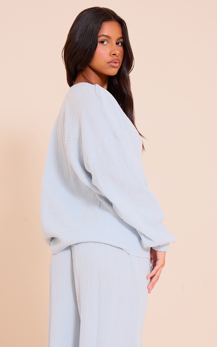 Petite Baby Blue Cheesecloth Textured Tie Front Shirt image 2