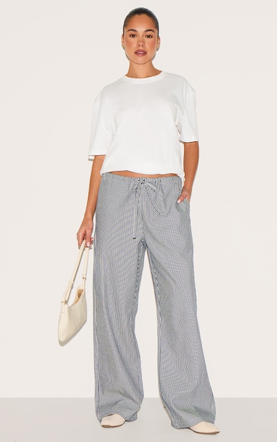 Blue Mid Rise Tie Waist Pinstripe Denim Pant