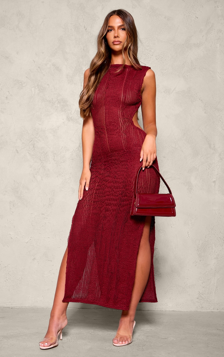 Burgundy Texture Extreme Back Cut Out Maxi Dress image 2