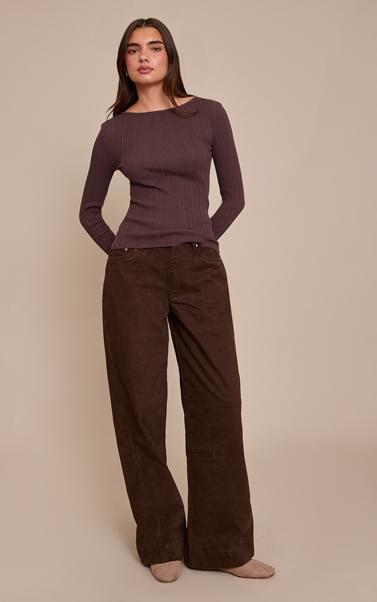 Chocolate Relaxed Mid Rise Seam Detail Wide Leg Jeans image 2