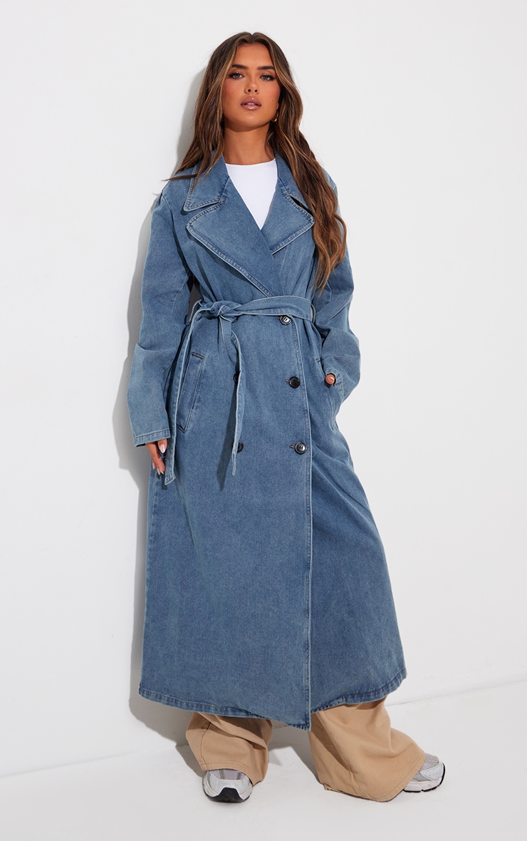 Vintage Blue Wash Denim Button Front Belted Trench Coat image 3