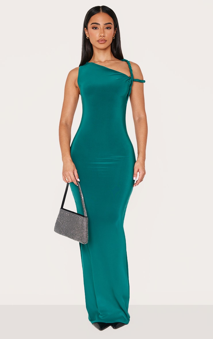 Petite Emerald Green Twist Shoulder Slinky Maxi Dress image 1