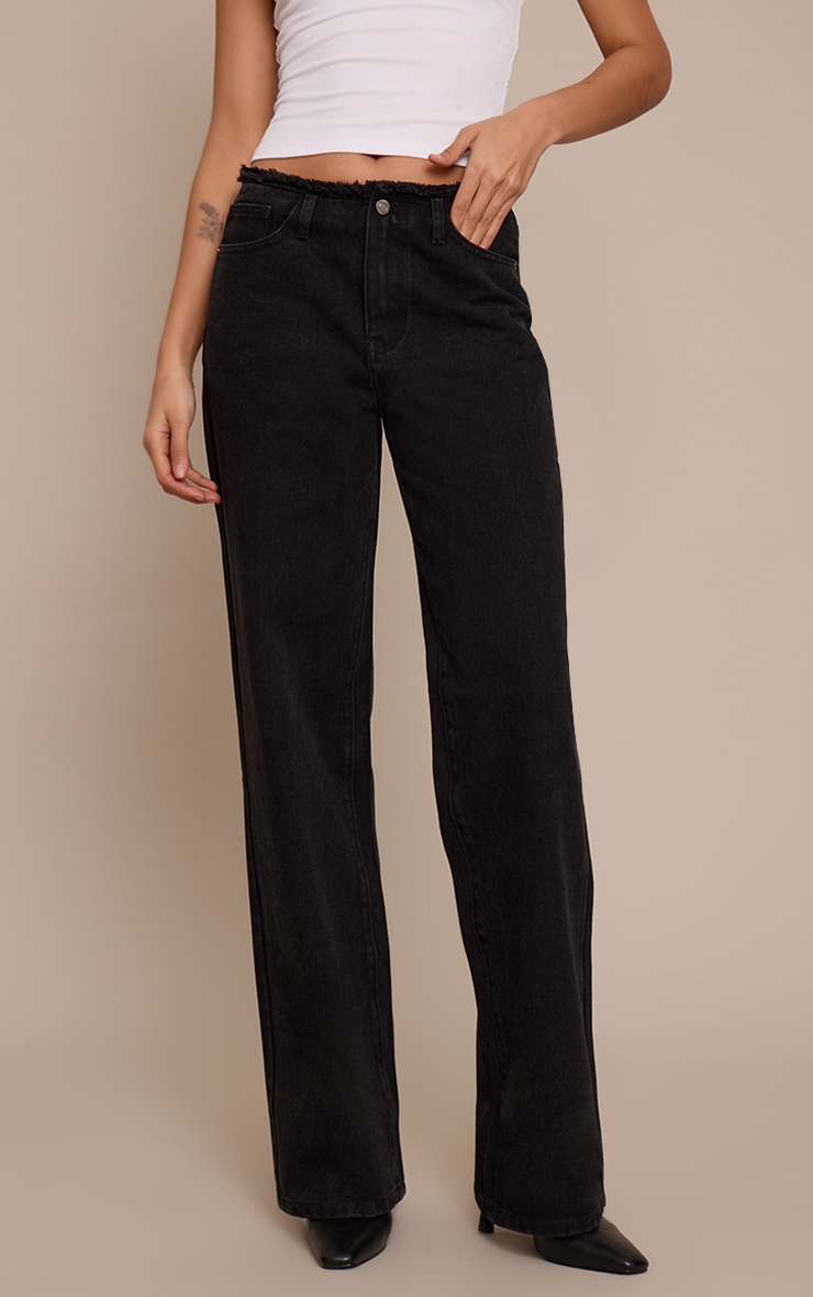 Tall Black Fray Waist Low Rise Straight Leg Jeans image 2