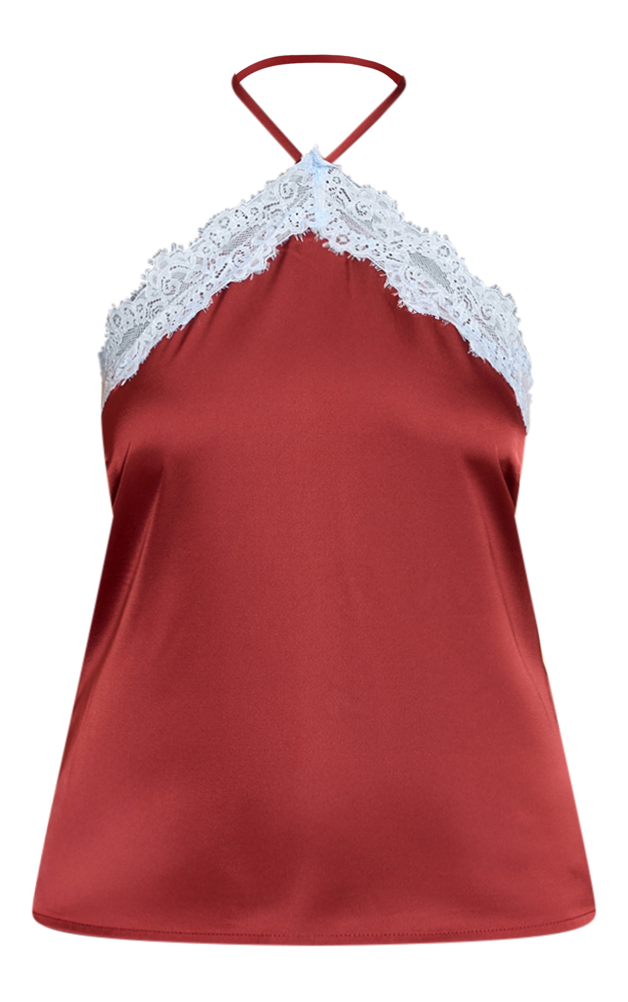 Burgundy Satin Contrast  Lace Trim Halterneck Cami Top image 5