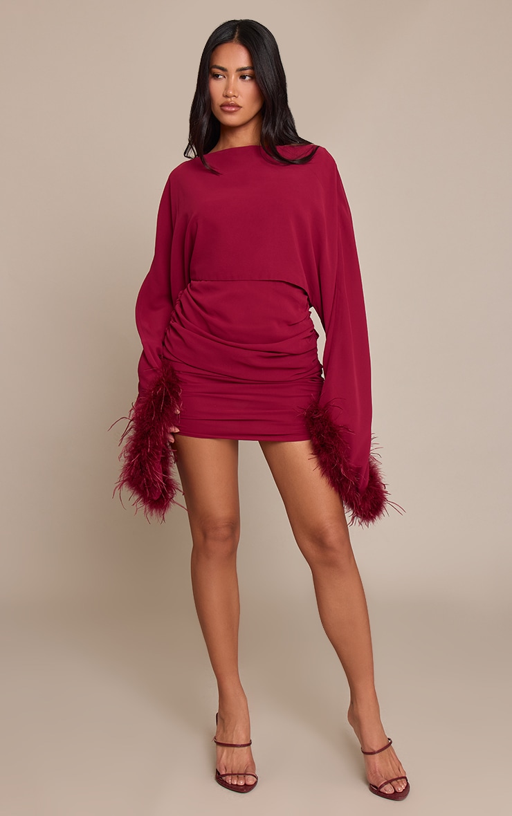 Wine Extreme Feather Cuff Ruched Bodycon Dress image 3