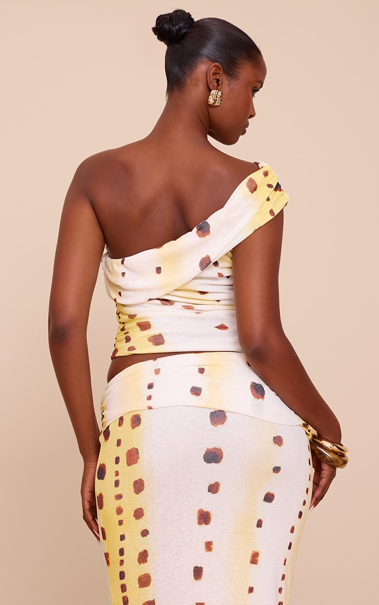 Cream Shell Print Onion Skin Ruched Side Asymmetric Top image 2