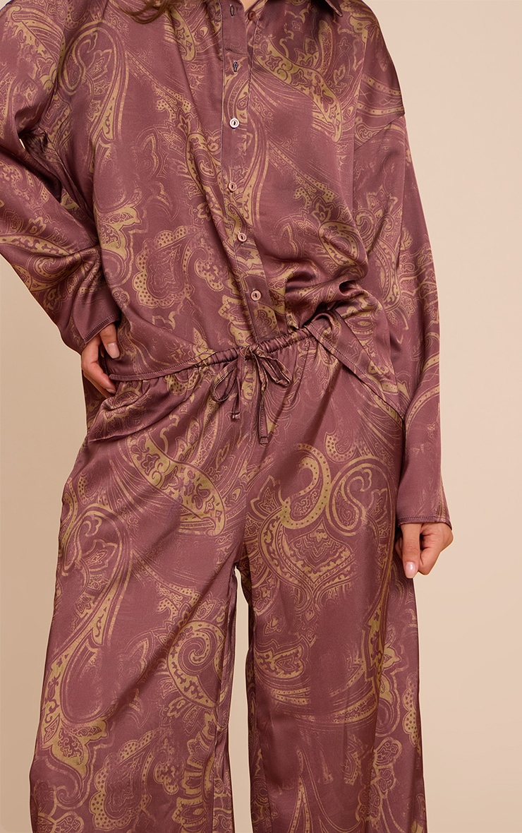 Brown Paisley Printed Satin Wide Leg Pants image 4