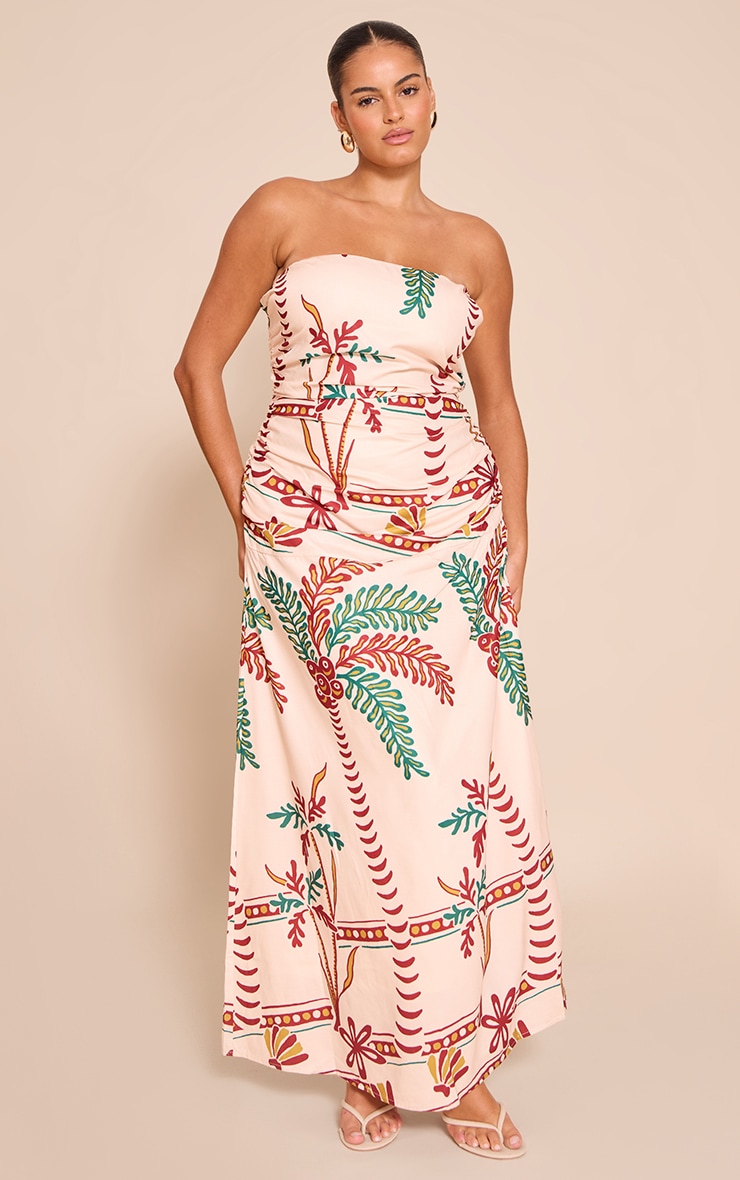 Plus Cream Printed Bandeau Ruched Detail Maxi Dress image 1