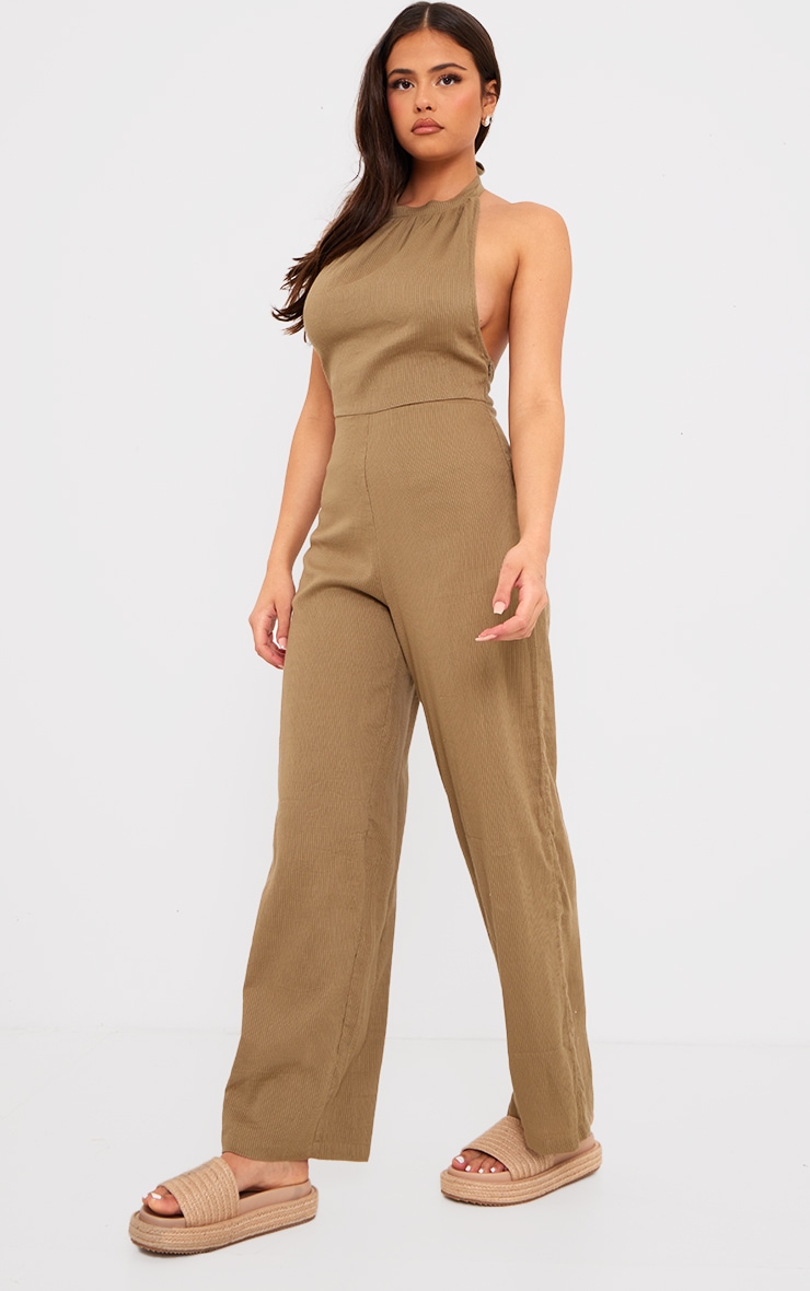 Taupe Textured Halterneck Low Back Jumpsuit image 2