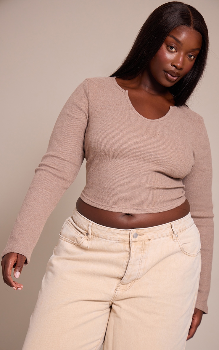 Plus Oatmeal Soft Touch Rib Round Neck Long Sleeve Top