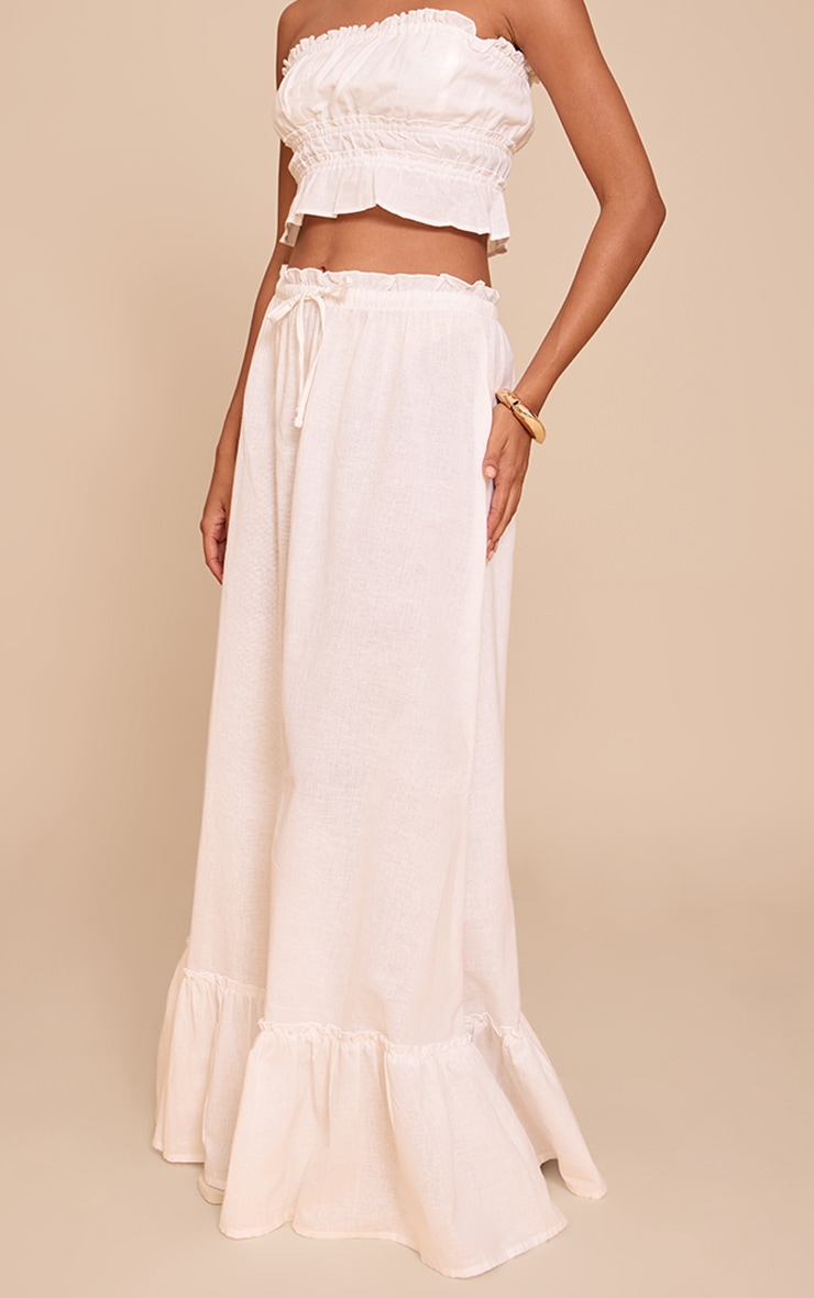 White Linen Blend Shirred Waist Maxi Skirt image 2