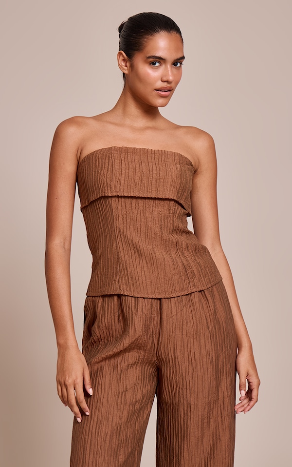 Chocolate Textured Woven Fold Over Bandeau Top