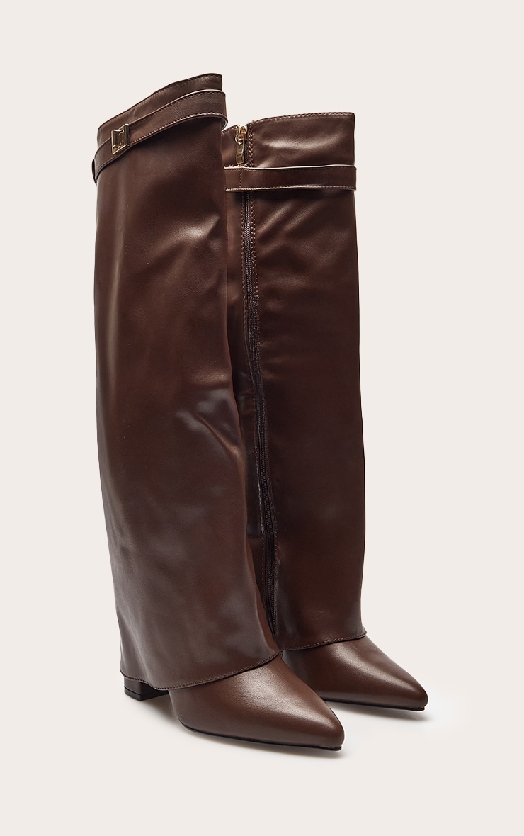 Chocolate Faux Leather Block Heel Foldover Knee High Boots image 3