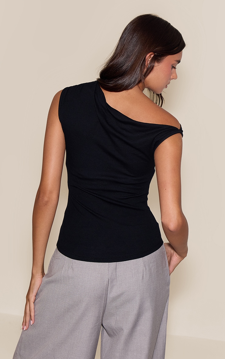 Black Soft Rib Asymmetric Drape Detail Sleeveless Top image 2