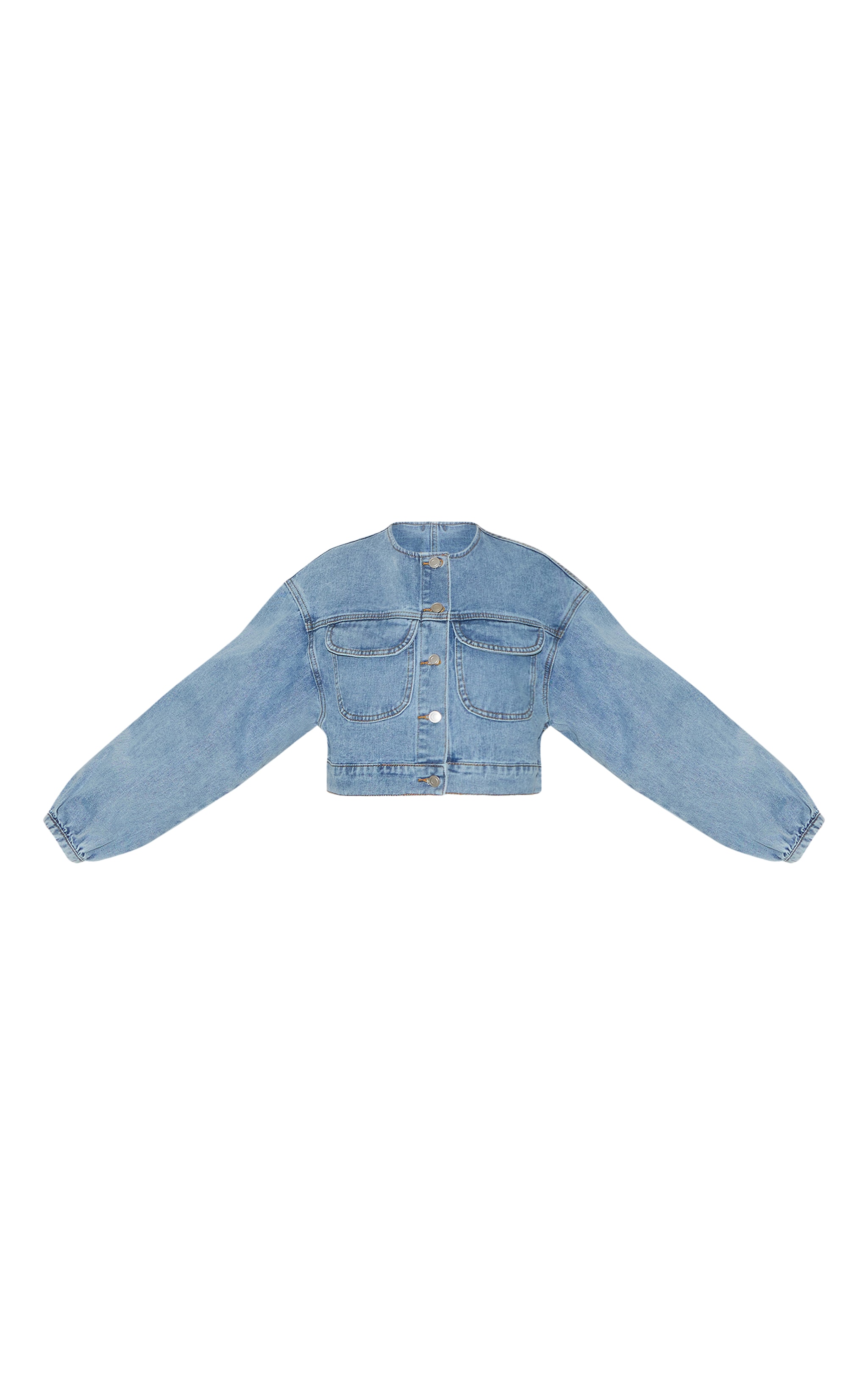 Mid Blue Wash Round Neck Crop Denim Jacket image 5