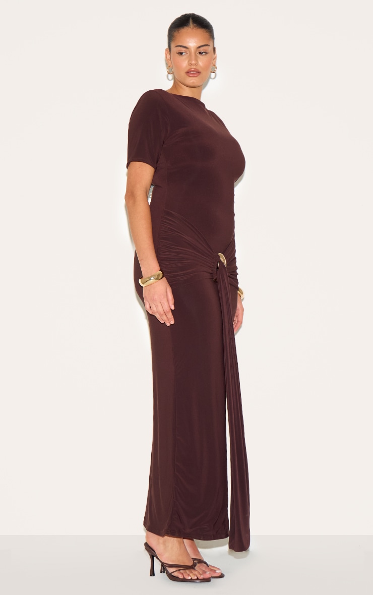 Plus Chocolate Boat Neck Wrap Waist Detail Maxi Dress image 3