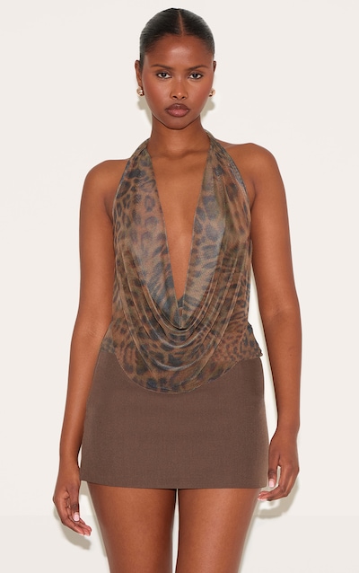 Brown Mesh Printed Halter Neck Top