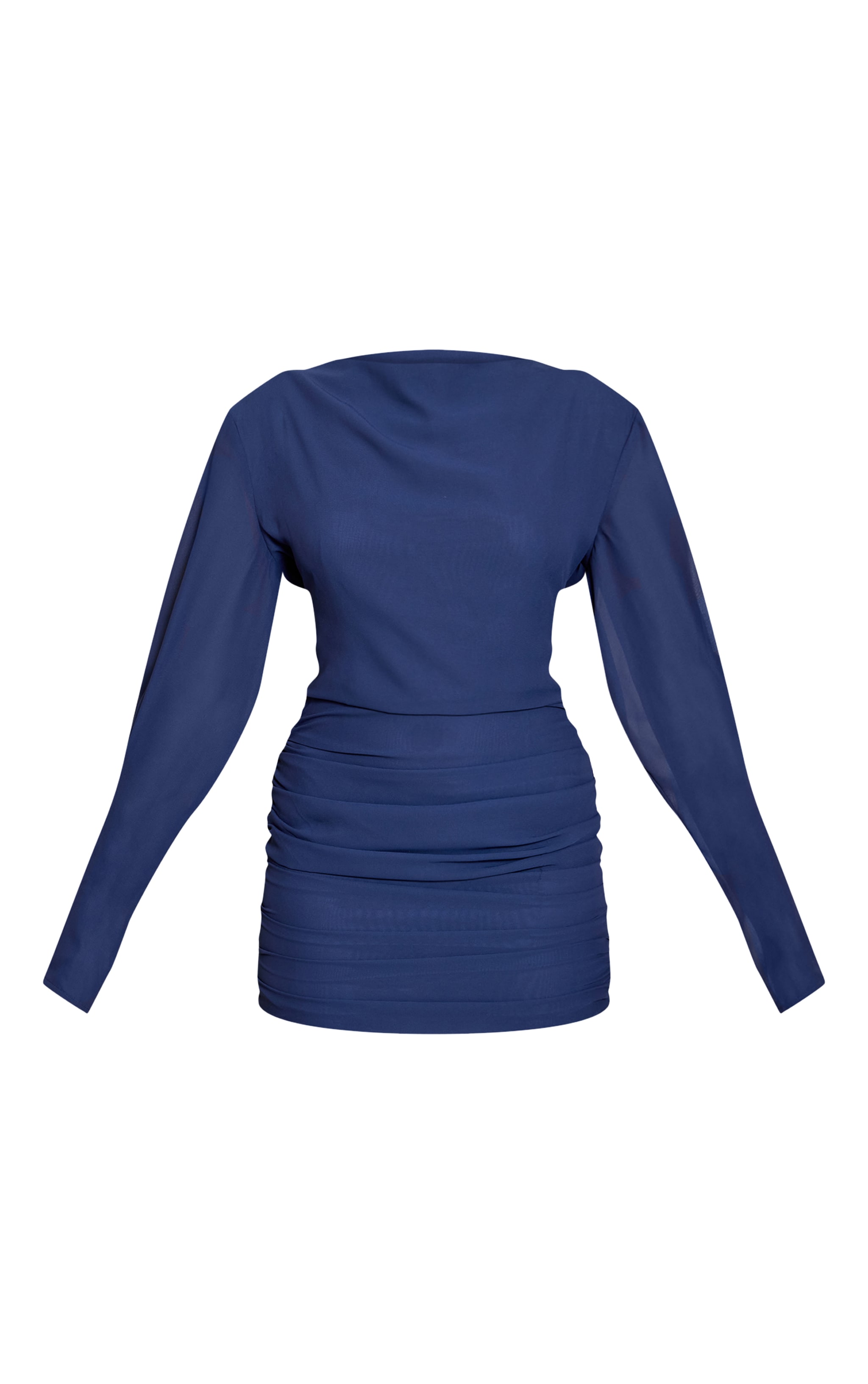 Mini robe tissée bleu marine froncée à col bateau et manches longues image 5